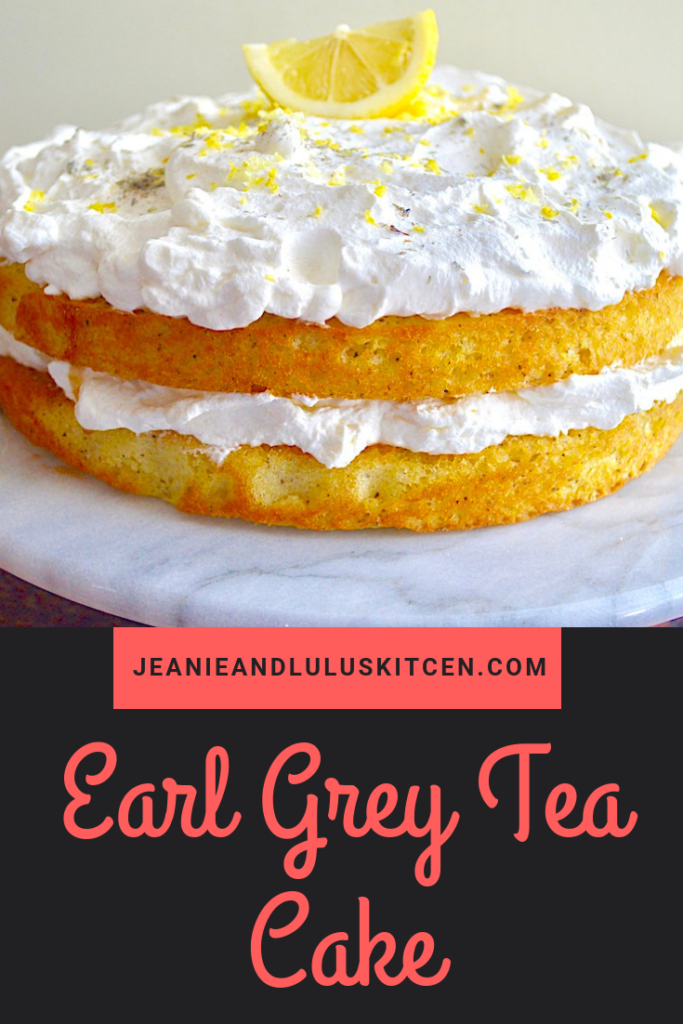 This earl grey tea cake is such a gorgeous confection with notes of lemon and lavender in the sponge cake, all layered with a fluffy lemon whipped cream. #cake #teacake #earlgrey #earlgreyteacake #jeanieandluluskitchen