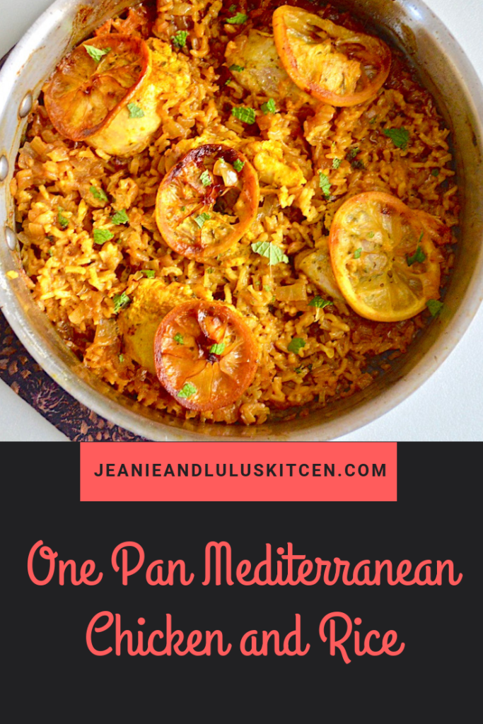 This one pan Mediterranean chicken is truly a wonder with lots of warm spices, lemon, and rice all baked together into a complete meal. #chicken #chickendinners #onepanmeals #onepanmediterraneanchickenandrice #jeanieandluluskitchen