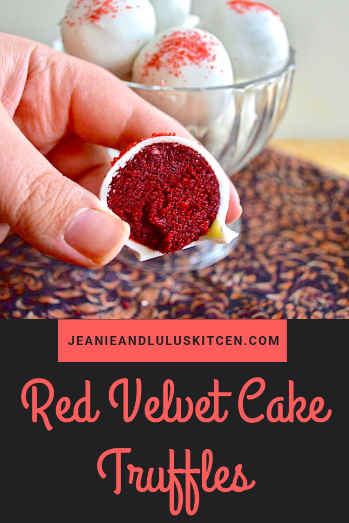 These are such decadent red velvet cake truffles that are so fun for dessert. The white chocolate shell and tender cake center work so well together! #dessert #truffles #redvelvetCake #redvelvetcaketruffles #jeanieandluluskitchen