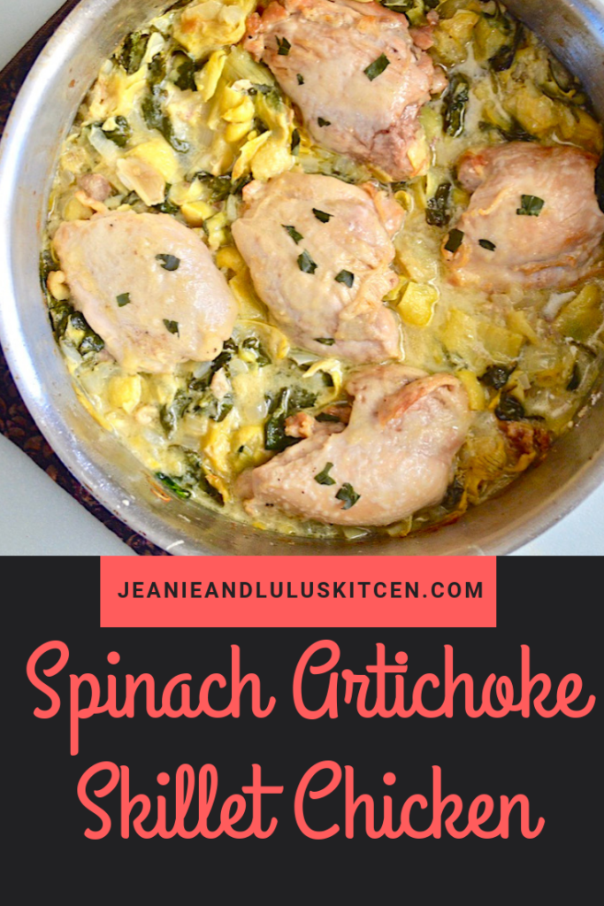 This spinach artichoke skillet chicken is so flavorful and simple for dinner! Serve it with your favorite sides or over pasta for a complete meal. #chicken #dinners #skilletdinners #spinachartichokeskilletchicken #jeanieandluluskitchen