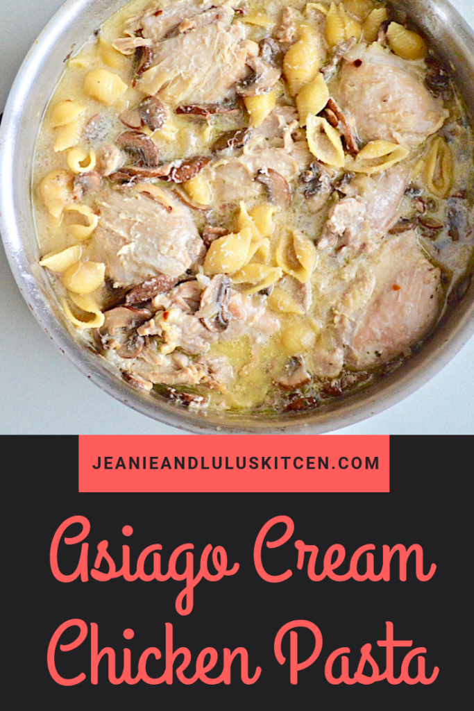 This asiago cream chicken pasta is such a flavorful and satisfying one pan meal with tender chicken, lots of mushrooms and pasta! #pasta #chicken #asiagocreamsauce #asiagocreamchickenpasta #jeanieandluluskitchen