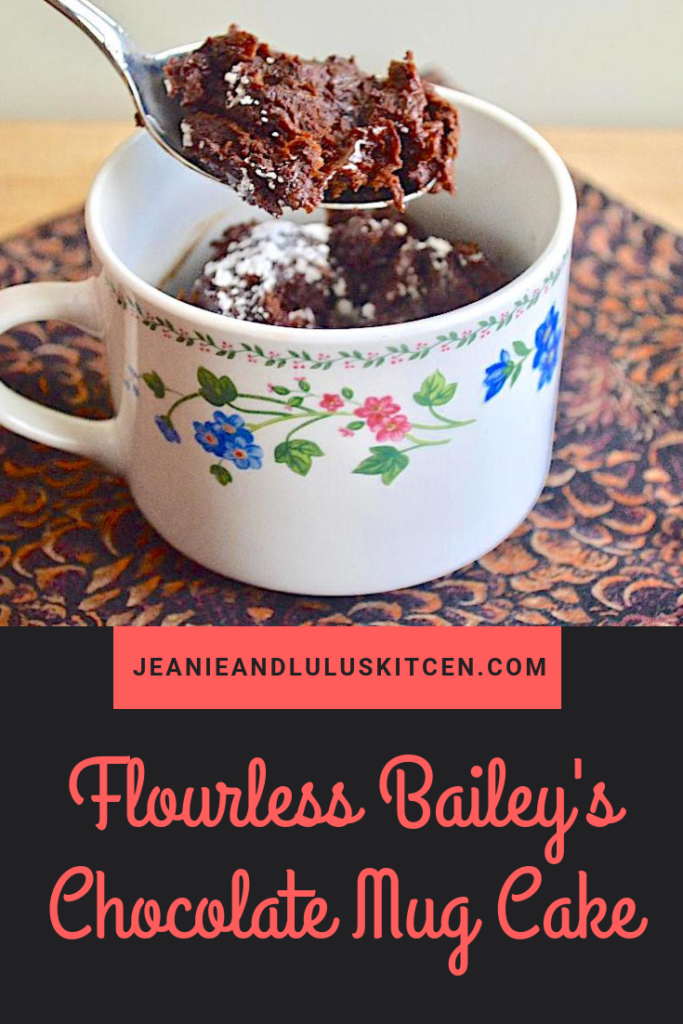 This flourless Bailey's chocolate mug cake is so incredibly simple and a great way to serve up single servings for a fun St. Patrick's Day dessert! #cake #chocolate #dessert #mugcake #jeanieandluluskitchen