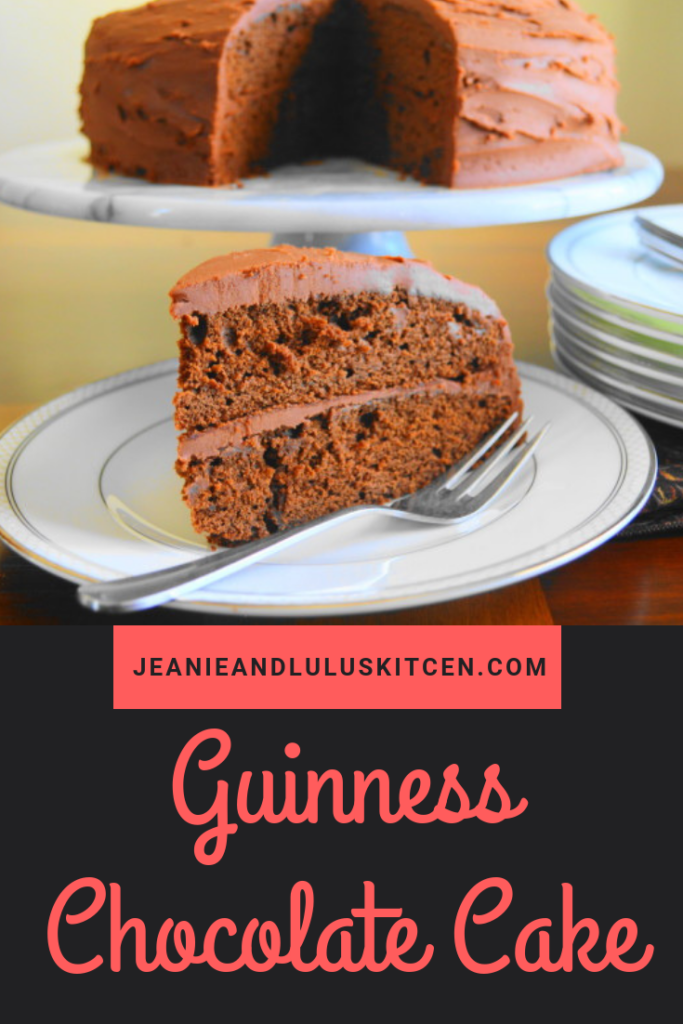 This incredibly decadent Guinness chocolate cake is so luscious and flavorful. It's the perfect dessert to celebrate St. Patrick's day! #cake #chocolate #guinness #stpatricksday #jeanieandluluskitchen