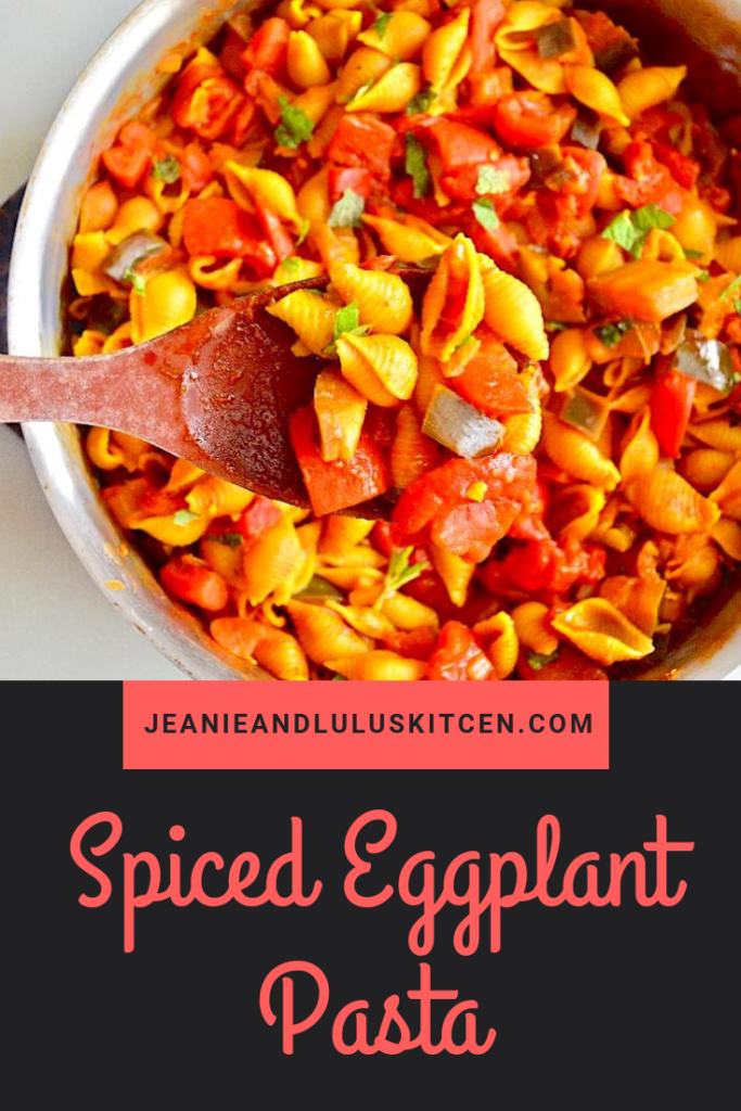 The spiced eggplant pasta is such a simple and wonderful vegetarian one pan wonder! It all gets baked to perfection with parmesan and mint on top. #pasta #vegetarian #eggplant #spicedeggplantpasta #jeanieandluluskitchen