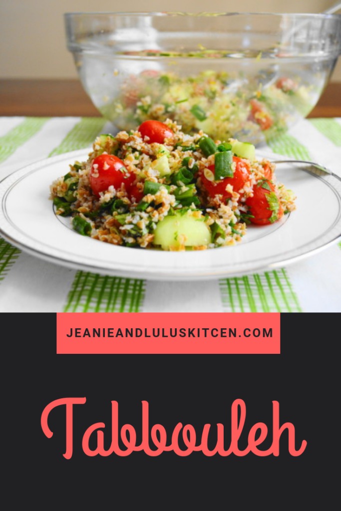 Tabbouleh is such a light and refreshing salad. It's fully loaded with tender bulgur wheat, veggies, herbs and lots of lemon! #salad #tabbouleh #vegan #jeanieandluluskitchen #bulgarwheat