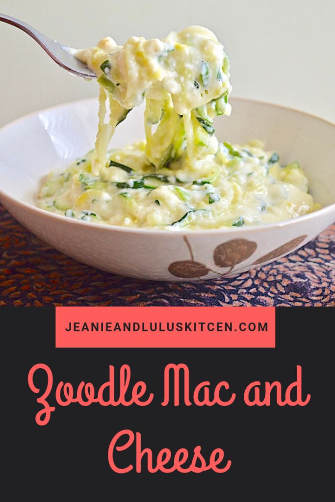 This is such a creamy, incredible and low carb zoodle mac and cheese with a luscious three cheese white sauce that is comfort food without all of the guilt! #zoodles #vegetarian #macandcheese #cheese #zoodlemacandcheese #jeanieandluluskitchen