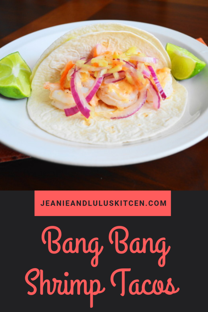 Inspired by a wonderful date night at Bonefish Grill, these Bang Bang Shrimp Tacos are my version of one of their famous signature dishes! #tacos #bangbangshrimptacos #shrimp #seafood #dinner #jeanieandluluskitchen