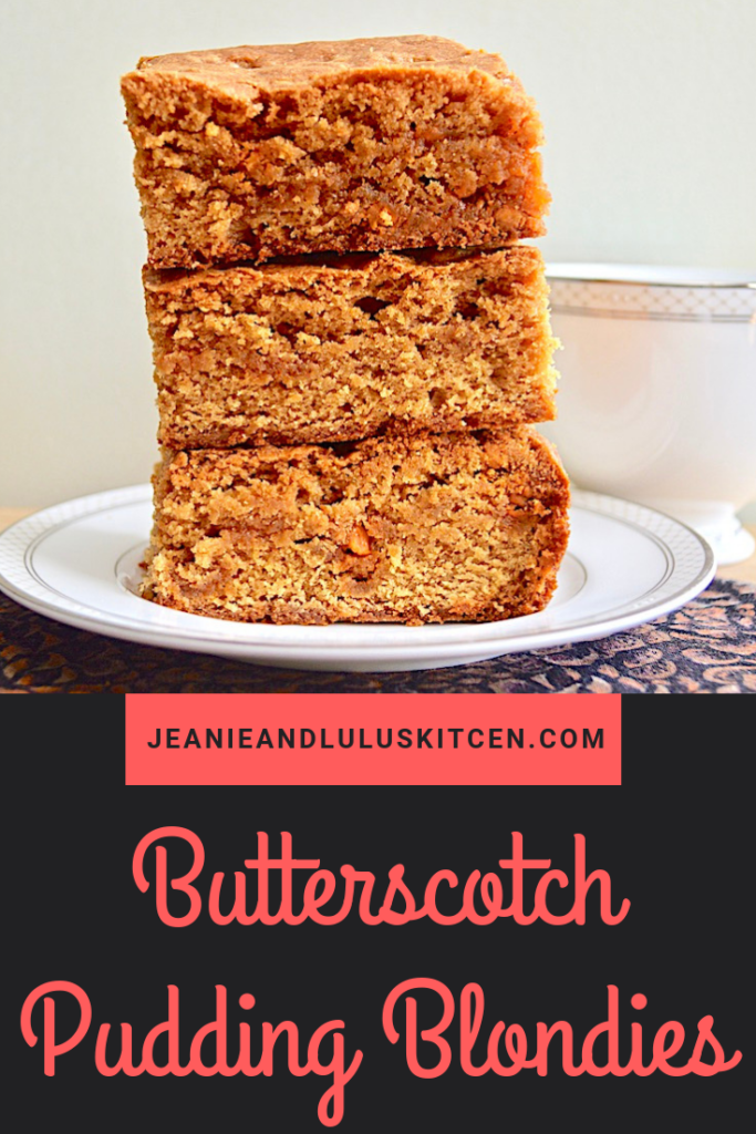 These butterscotch pudding blondies are so fluffy and flavorful for dessert! The pudding mix and butterscotch chips make every bite delicious. #blondies #dessert #butterscotch #butterscotchpuddingblondies #jeanieandluluskitchen