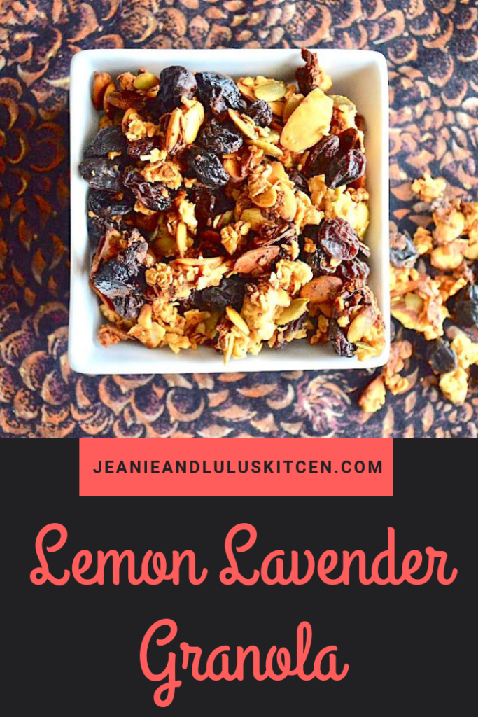 This lemon lavender granola is so chock full of goodies with lovely flavor that just screams spring! Perfect for breakfast or snacking. #granola #snacks #lemonlavendergranola #nuts #oats #jeanieandluluskitchen