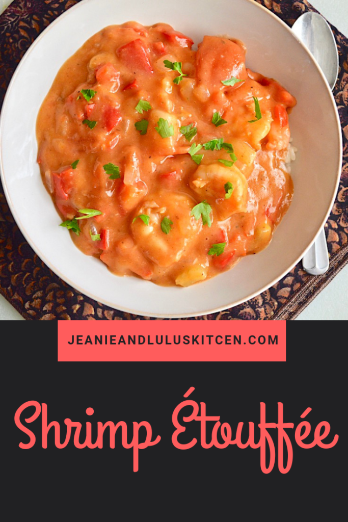 This shrimp étouffée is such a fantastic classic with creole spiced shrimp and the holy trinity of peppers, onion and celery in a silky, spicy sauce! #shrimp #shrimpetouffee #creole #dinner #jeanieandluluskitchen