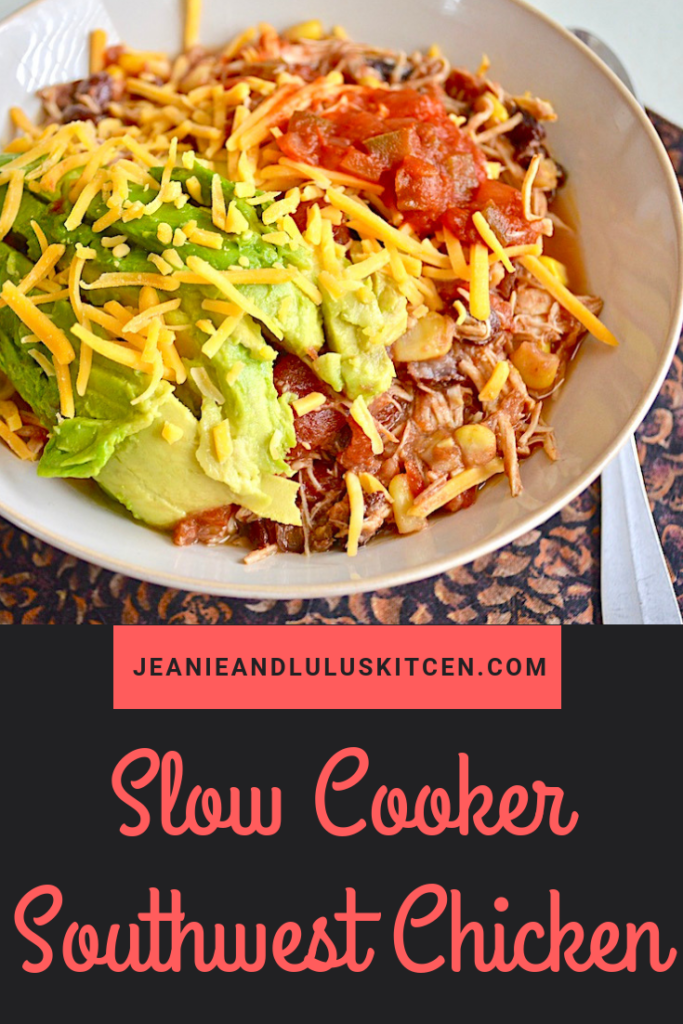 This slow cooker southwest chicken has so much flavor but is still lighter for the warm weather. Perfect for serving over your favorite starches or veggies! #slowcooker #chicken #slowcookersouthwestchicken #dinner #jeanieandluluskitchen