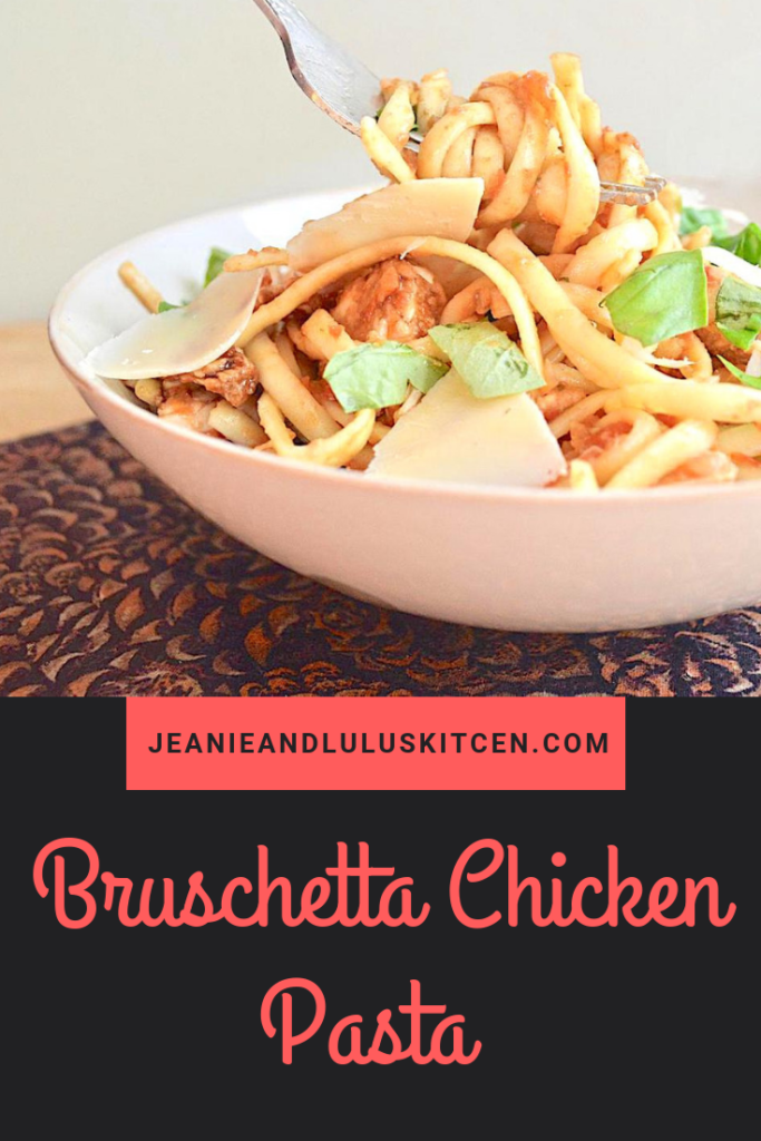 This bruschetta chicken pasta is such a fresh and hearty play on the favorite Italian canape with a lovely tomato mixture and tender linguine! #dinner #chicken #pasta #bruschetta #bruschettachickenpasta #jeanieandluluskitchen