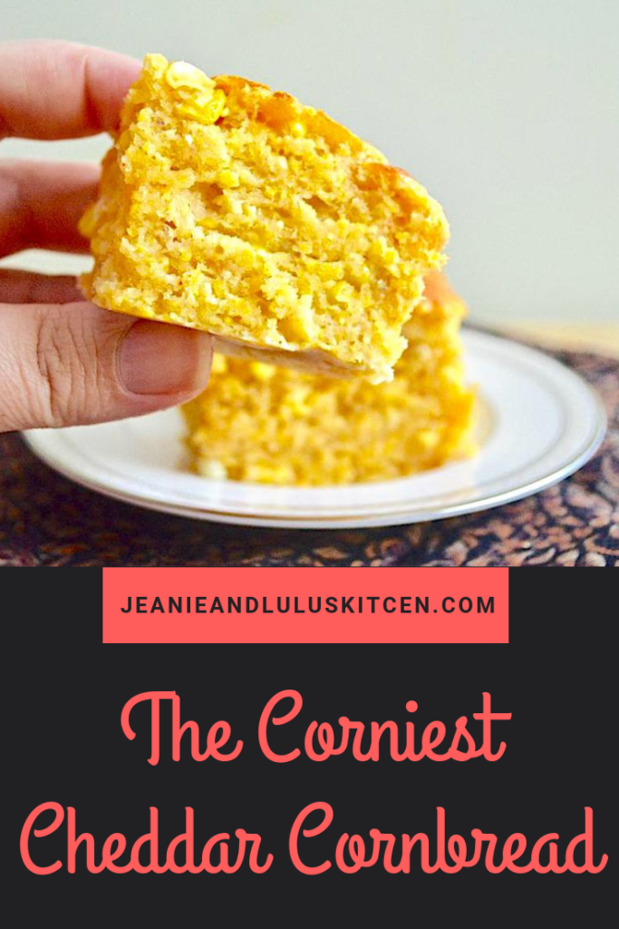 You will want the corniest cheddar cornbread on the side of all of your favorite hearty meals, like chili and soups! It's so easy to make too. #cornbread #corn #cheddar #thecorniestcheddarcornbread #jeanieandluluskitchen