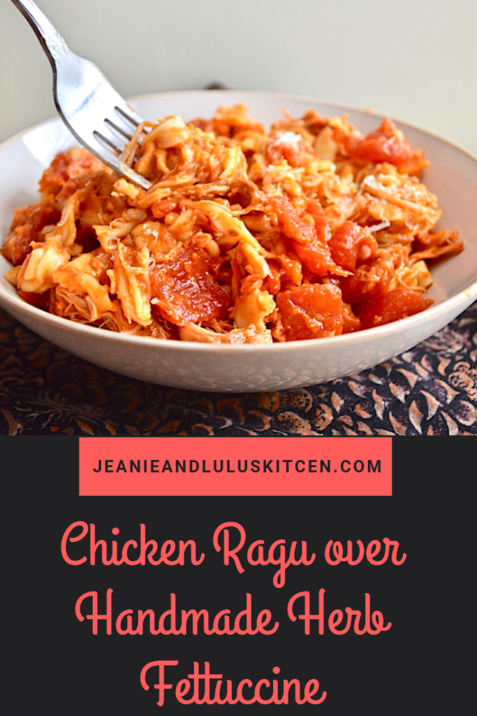 This chicken ragu is so flavorful with the chicken fall apart tender in a gorgeous tomato sauce, served over handmade pasta! #pasta #dinner #chicken #chickenragu #jeanieandluluskitchen