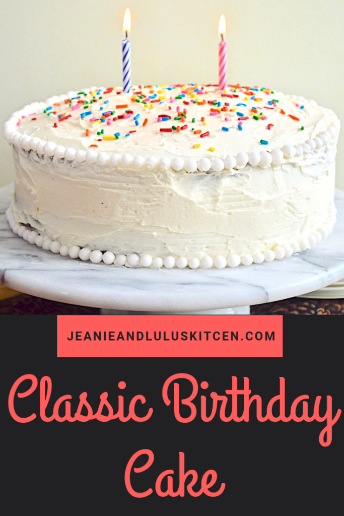 This an incredible classic birthday cake with a decadent chocolate cake slathered in a vanilla swiss meringue buttercream for the best of both worlds! #cake #dessert #classicbirthdaycake #chocolate #jeanieandluluskitchen