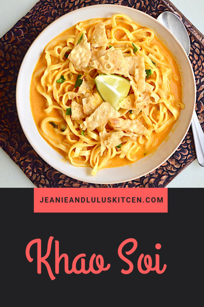 Khao soi is an absolutely incredible, flavor packed Thai chicken noodle soup. The spicy curry paste is perfectly offset by the coconut milk. #khaosoi #chicken #soup #curry #jeanieandluluskitchen