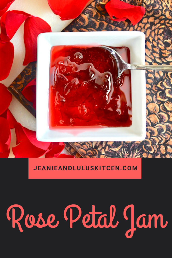 This rose petal jam is absolutely gorgeous to use on crackers, toast, scones, you name it! The lemon juice and balsamic keep it from being too soapy. #rose #jam #rosepetaljam #jeanieandluluskitchen