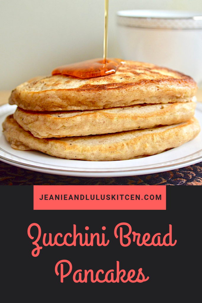 These fluffy zucchini bread pancakes are such a wonderful breakfast or brunch that you can make ahead and freeze! Great for sneaking in veggies. #pancakes #zucchini #zucchinibreadpancakes #breakfast #jeanieandluluskitchen