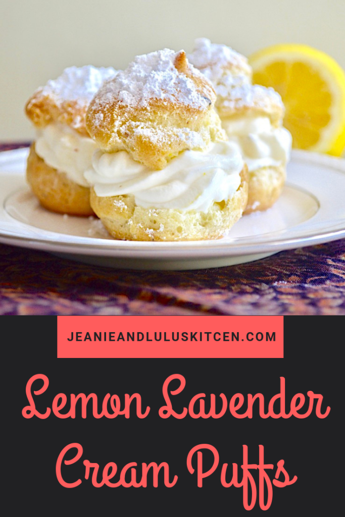 These lemon lavender cream puffs are so elegant for dessert! The choux pastry and luscious lemon curd and cream filling are incredible together. #dessert #creampuffs #lemonlavendercreampuffs #chouxpastry #jeanieandluluskitchen