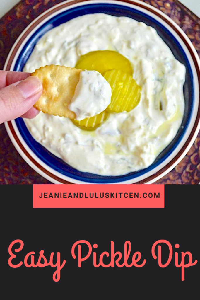 This easy pickle dip is really the perfect summer snack! It's tangy, refreshing and comes together in minutes to dip crackers or chips. #dips #snacks #pickles #easypickledip #jeanieandluluskitchen