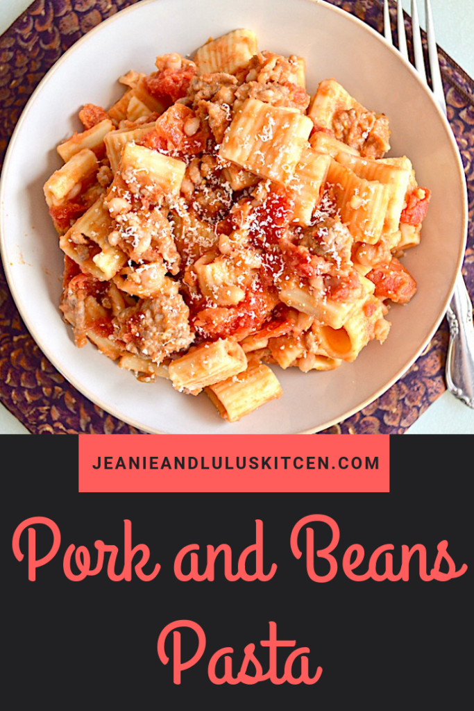 This pork and beans pasta is such a fun and delicious Italian twist on the classic combination of pork and beans. Best of all it is done in 30 minutes! #pasta #dinner #pork #beans #porkandbeanspasta #jeanieandluluskitchen