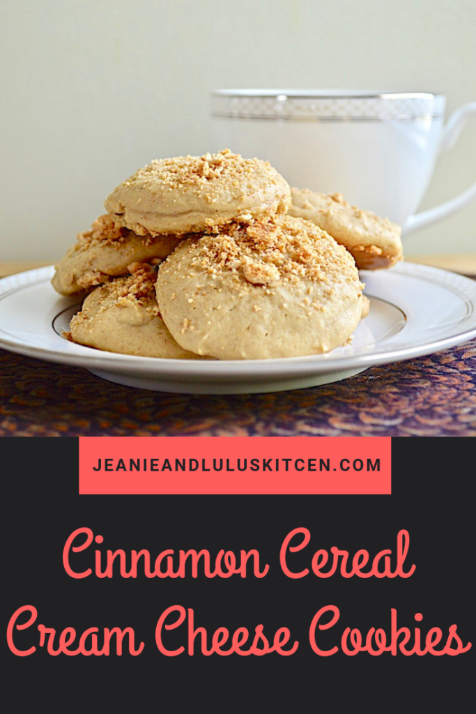 These cinnamon cereal cream cheese cookies are so fun and easy to make. They're pillowy soft and fluffy with extra crunchy cereal sprinkled on top. #cookies #dessert #cereal #cinnamoncerealcreamcheesecookies #jeanieandluluskitchen