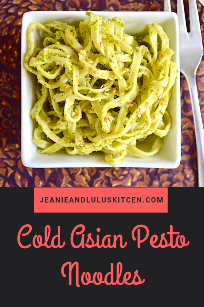 These cold asian pesto noodles could not be more simple to make or fun to eat! They're refreshing, super flavorful and light for a summer meal. #noodles #coldnoodlesalad #coldasianpestonoodles #dinner #jeanieandluluskitchen