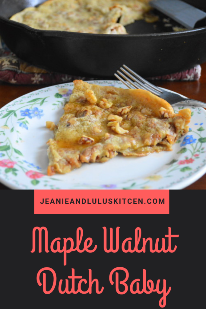 This maple walnut dutch baby is so easy to make! It puffs up gorgeously in the oven and has loads of flavor. Just cut and serve for a sweet brunch! #breakfast #brunch #pancake #dutchbaby #maplewalnutdutchbaby #jeanieandluluskitchen