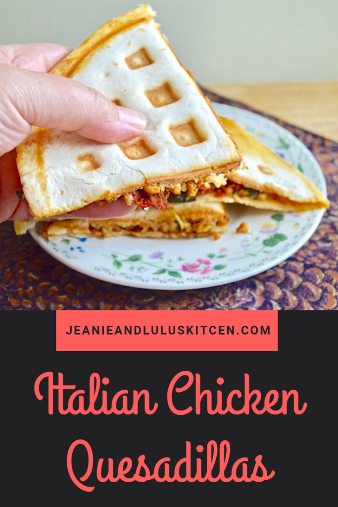 These Italian chicken quesadillas are such a simple, flavorful and wonderful dinner. Cooking them in a waffle iron gives them great texture, too! #chickenquesadillas #chicken #cheese #dinners #jeanieandluluskitchen