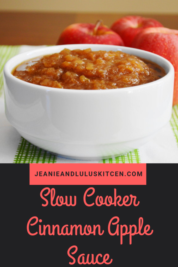 Slow cooker cinnamon apple sauce could not be easier or more delicious! It can be used in countless ways from snacks to pancakes to pork chops. #applesauce #apples #fruit #slowcooker #slowcookercinnamonapplesauce #jeanieandluluskitchen