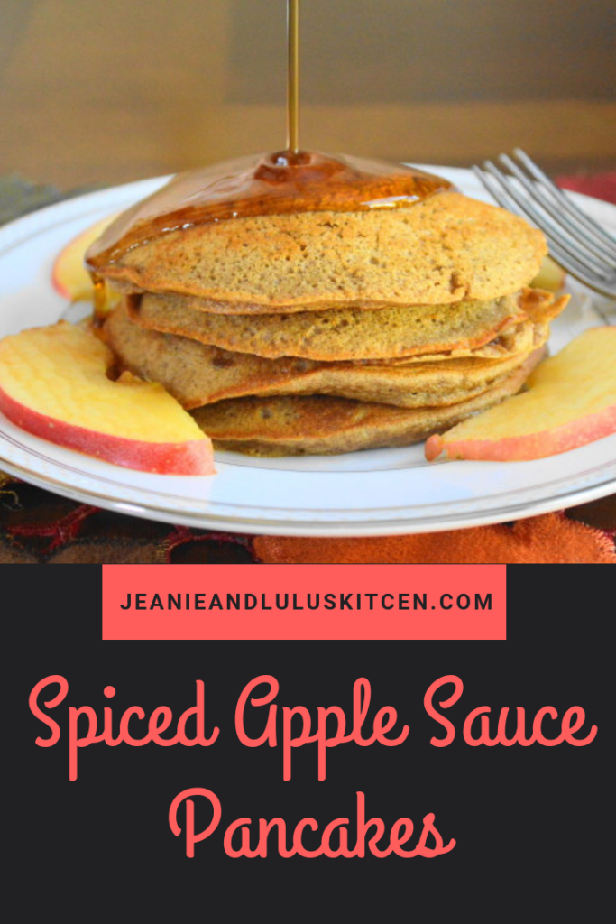 Spiced apple sauce pancakes are fluffy, flavorful bites of Fall! Make the batter the night before for an easy, incredible brunch in the morning. #pancakes #brunch #breakfast #spicedapplesaucepancakes #jeanieandluluskitchen