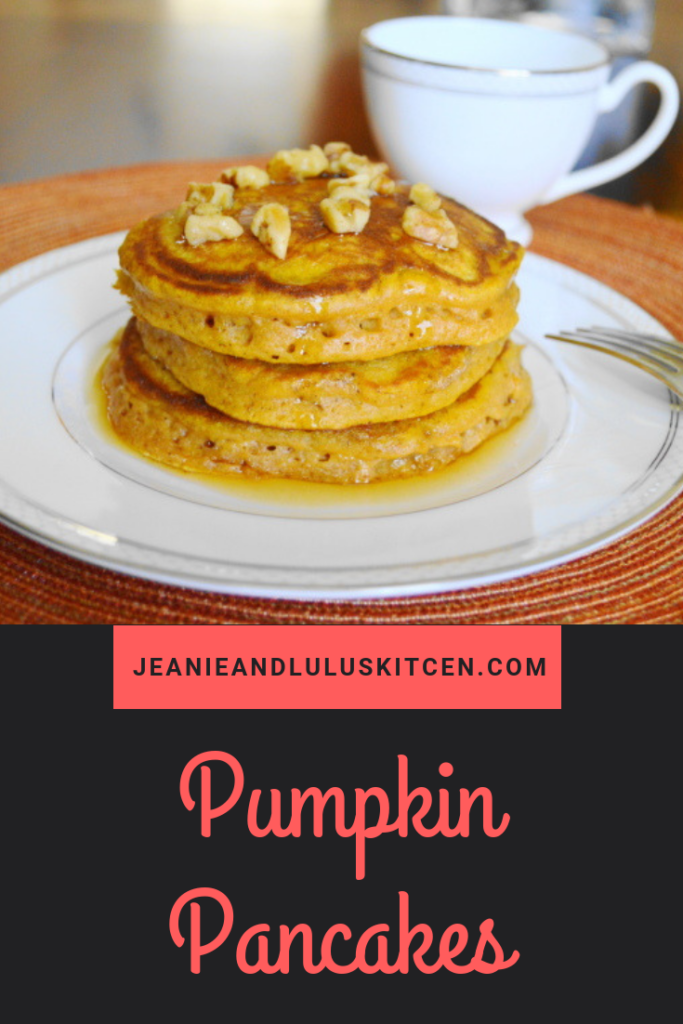 These pumpkin pancakes are so fluffy and full of great fall flavor. They are truly an incredible brunch favorite! #pancakes #pumpkin #breakfast #brunch #pumpkinpancakes #jeanieandluluskitchen 